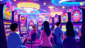 Discover how to ทดลองเล่นสล็อต in a vibrant casino with colorful slot machines and joyful players.