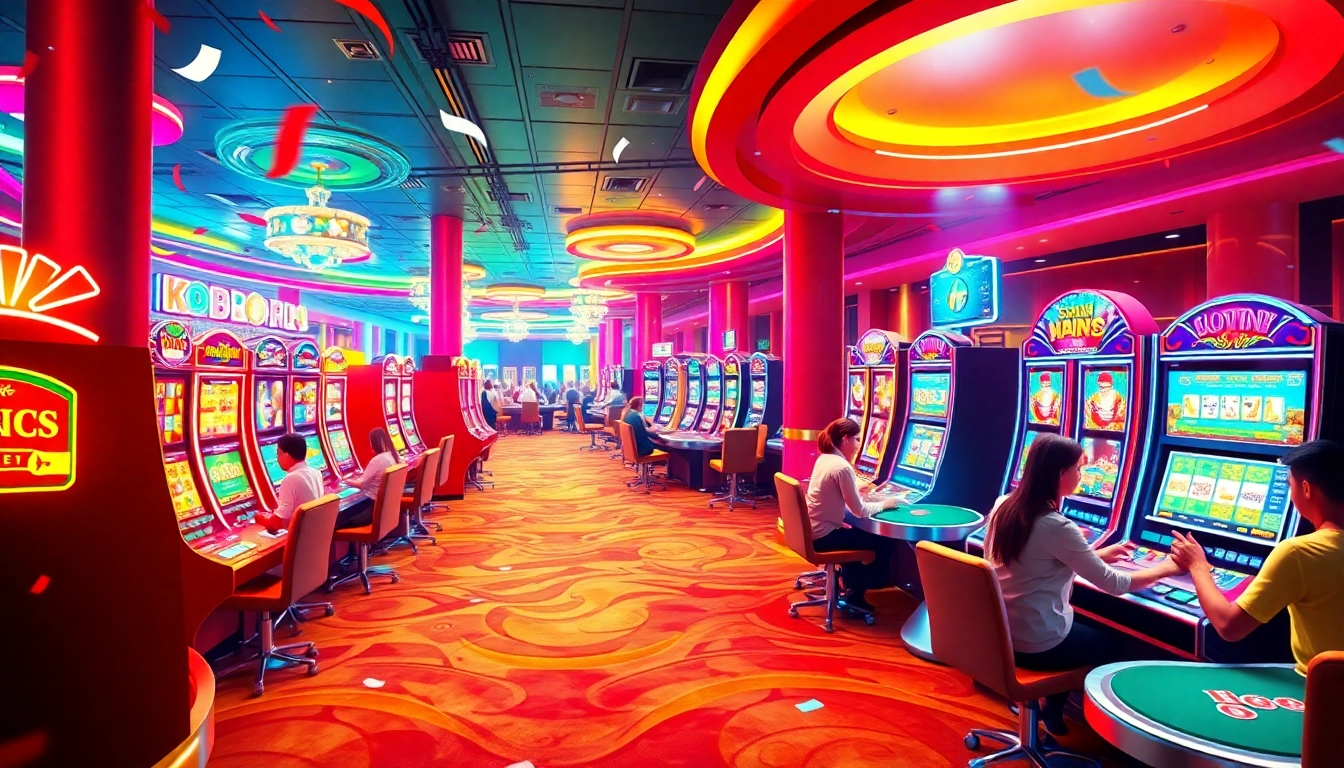 Experience the lively atmosphere of ku888.dev online casino with vibrant lights and players engaged in games.