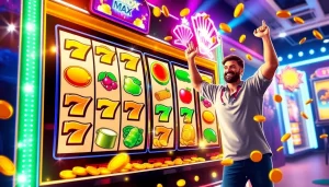 Celebrate hitting the slot maxwin on an online game with vibrant reels and golden coins cascading down.