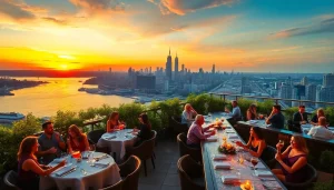 Enjoying cocktails with stunning views at NoHu Rooftop Bar, perfect for upscale dining experiences.