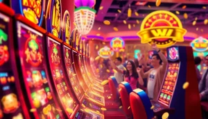 Exciting Nổ Hũ gaming scene showcasing colorful slot machines and players celebrating wins