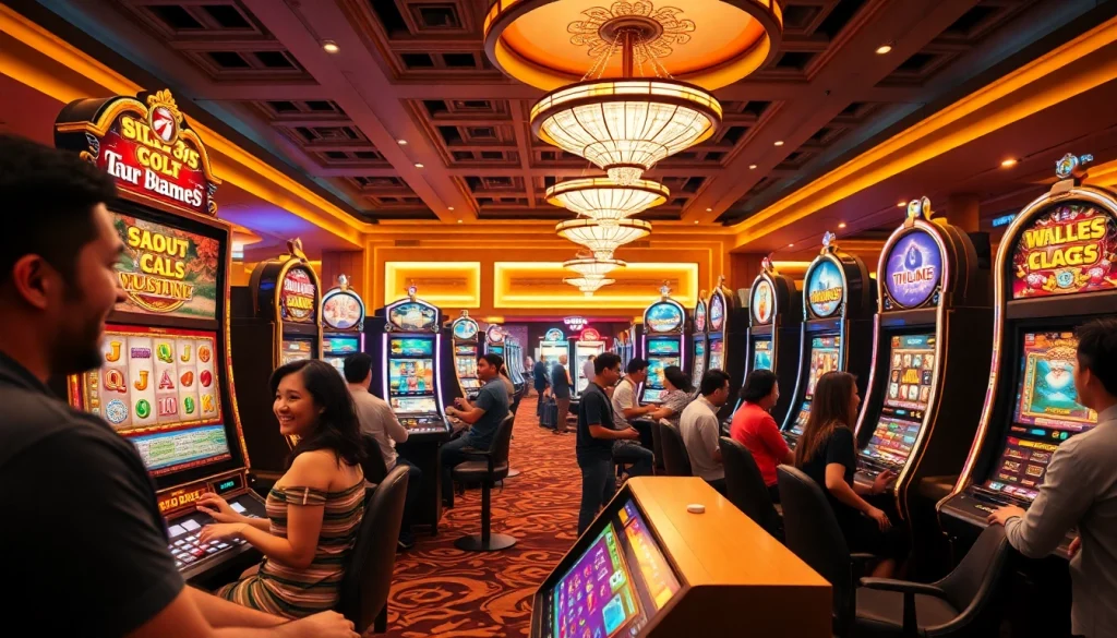 Excited players engaging with เว็บสล็อต machines in a vibrant casino setting, showcasing the thrill of online gaming.