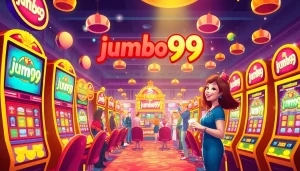 Excited players engage with colorful jumbo99 slot machines in a lively casino.