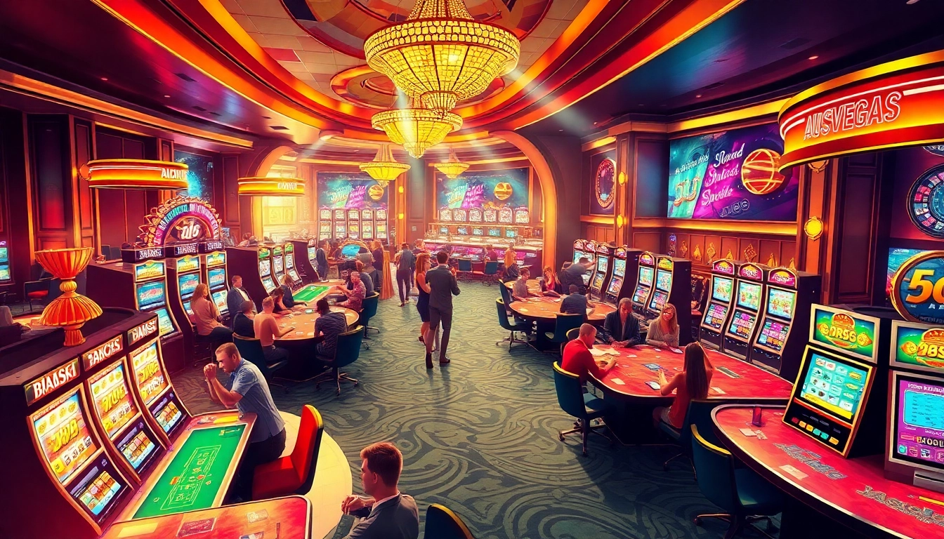 Experience the excitement of ausvegas casino with vibrant gaming tables and joyful players.