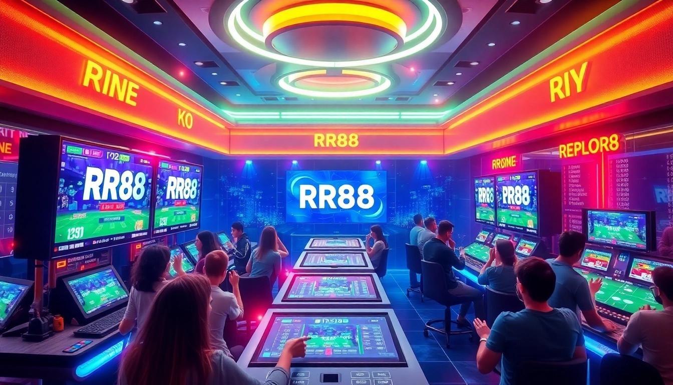 Exciting digital casino scene with bettors engaging in RR88 sports betting.