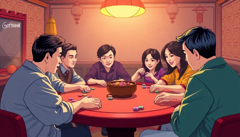 Excited players engaging in a traditional xóc đĩa_x000D_ game, showcasing vibrant chips on a round table.