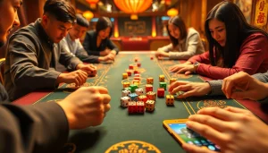 Players engaged in an exciting round of tài xỉu online, rolling colorful dice on a vibrant gaming table.